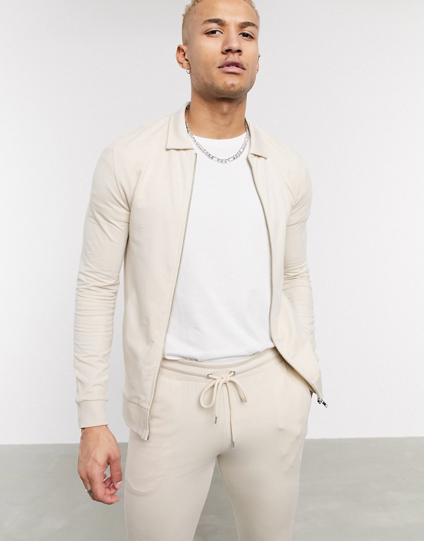 ASOS DESIGN muscle tracksuit with harrington jacket in beige