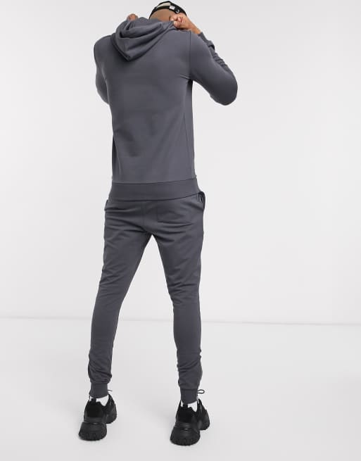 ASOS DESIGN muscle tracksuit with hoodie silver zip joggers in washed black