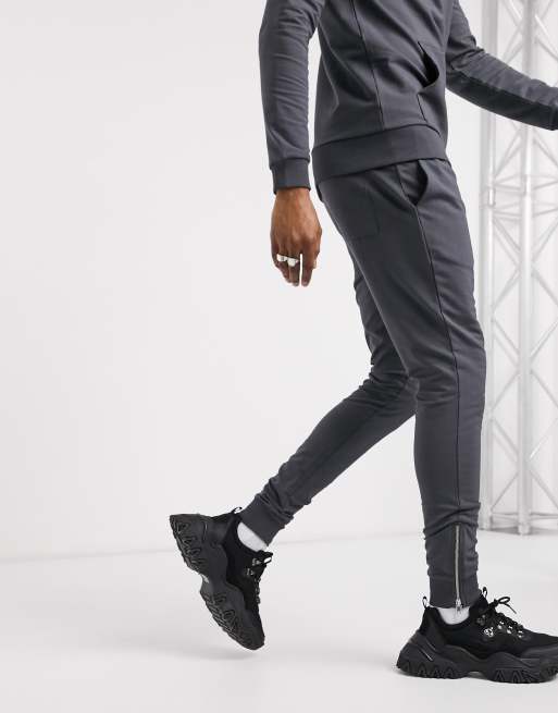 ASOS DESIGN muscle tracksuit with hoodie silver zip trackies in washed black