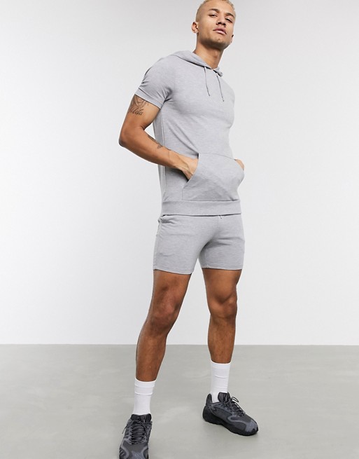 ASOS DESIGN muscle tracksuit with short sleeve hoodie & shorts in grey marl