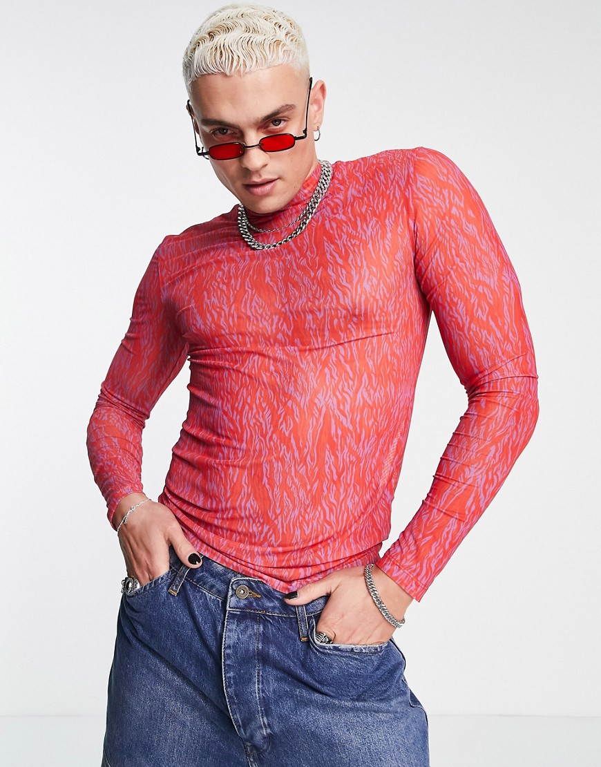 ASOS DESIGN muscle turtle neck long sleeve t-shirt in red printed mesh - RED