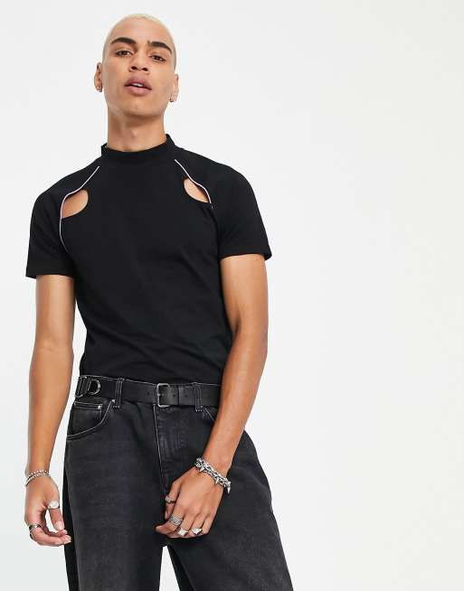ASOS DESIGN muscle turtle t-shirt in black with cut outs and binding