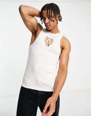 ASOS DESIGN muscle vest in off white with laser cut tattoo design - ASOS Price Checker