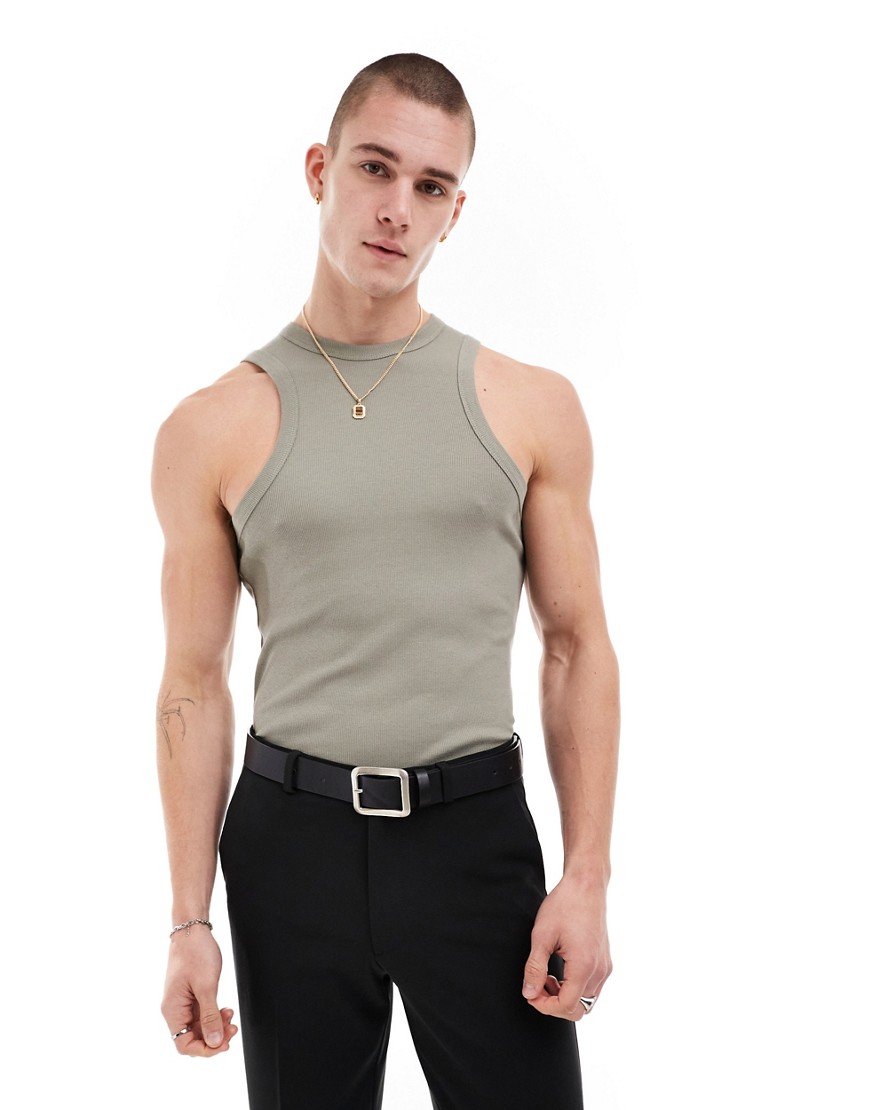 ASOS DESIGN muscle vest with racer neck in khaki-Green