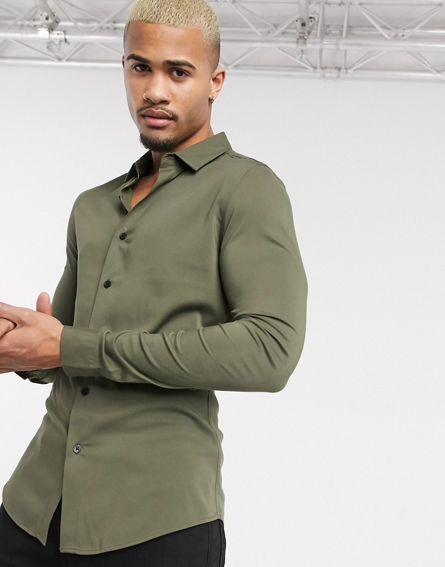 Asos Design Muscle Viscose Shirt In Khaki-green | ModeSens