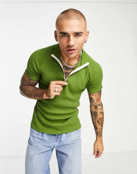 ASOS DESIGN muscle waffle t-shirt in khaki with zip neck