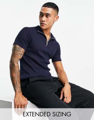 ASOS DESIGN muscle waffle t-shirt in navy with zip neck - ASOS Price Checker