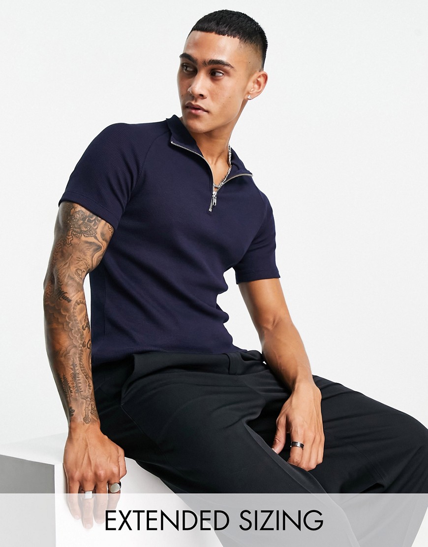 ASOS DESIGN muscle waffle T-shirt in navy with zip neck