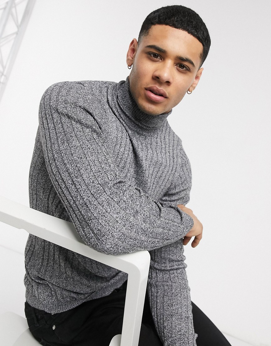 ASOS DESIGN muscle wide rib roll neck jumper in black and white twist-Grey