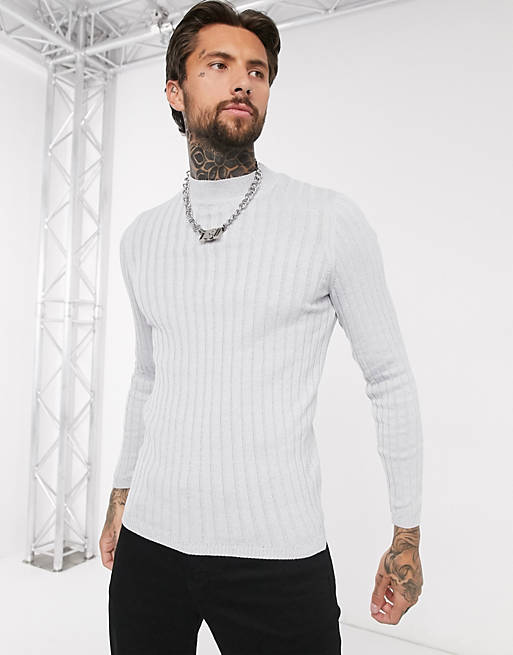 ASOS DESIGN muscle wide rib turtleneck sweater in gray twist | ASOS
