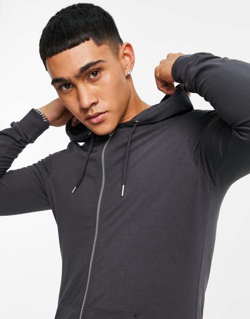 ASOS DESIGN muscle zip up hoodie in black GRAY ASOS