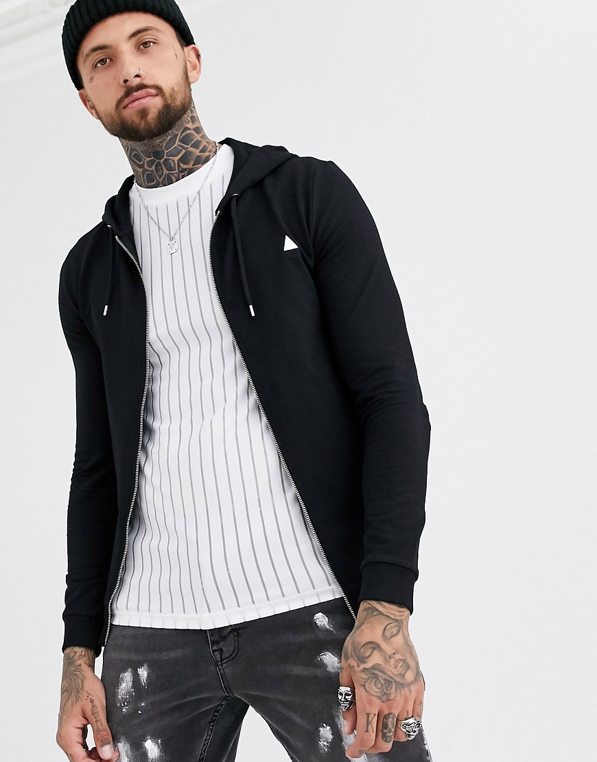 ASOS DESIGN muscle zip up hoodie in black with triangle