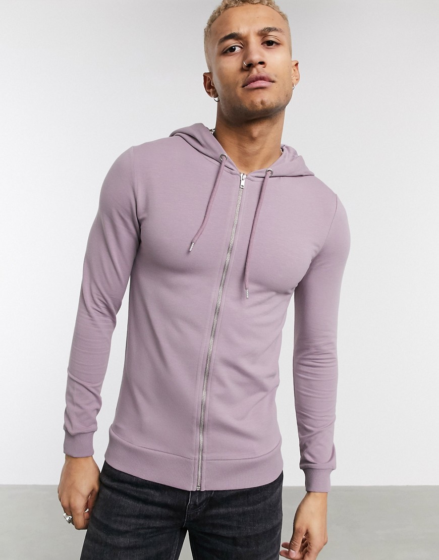 ASOS DESIGN muscle zip up hoodie in dusty purple