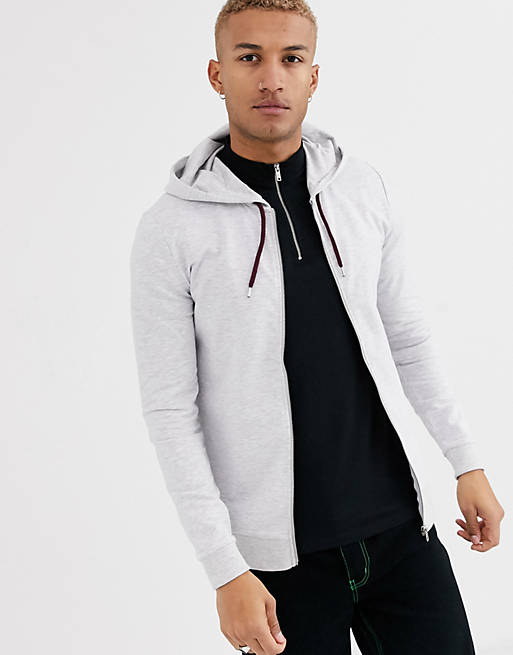 ASOS DESIGN muscle zip up hoodie in white marl with burgundy drawcords ...