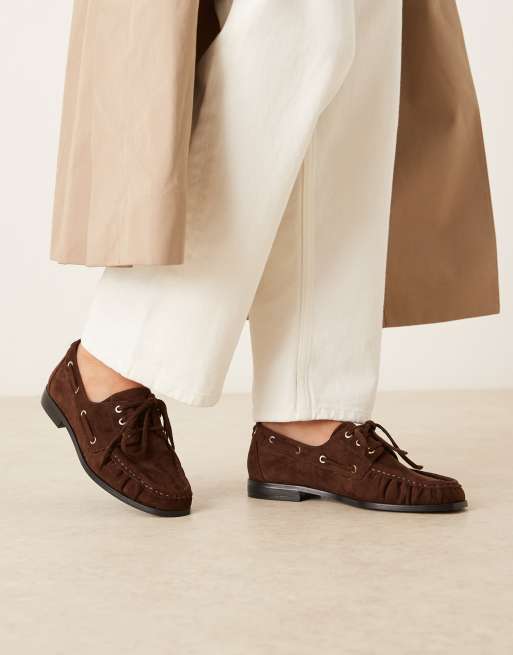 ASOS DESIGN Muse lace up boat shoes in brown suedette, 3 of 4