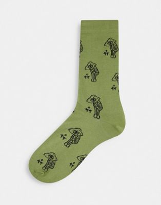 ASOS DESIGN mushroom eye design ankle socks in khaki (200846945)