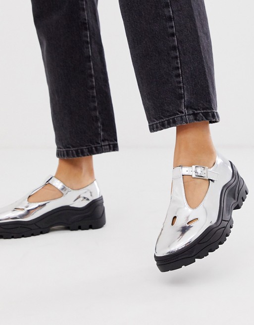 ASOS DESIGN Music chunky flat shoes in silver