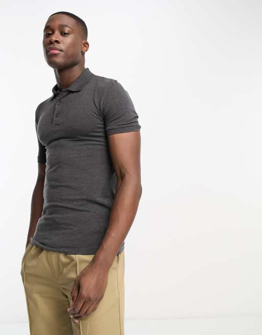 ASOS DESIGN – Muskel-Polohemd in Anthrazit meliert 
