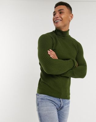 ASOS DESIGN – Muskel-Pullover mit Rollkragen und Korbstrickmuster in Khaki-Grün