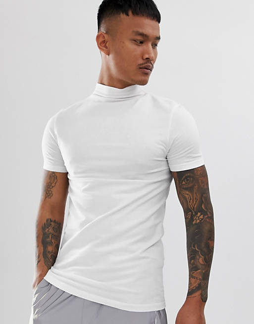 ASOS DESIGN – Muskel-T-Shirt aus Jersey mit Stehkragen in Weiß