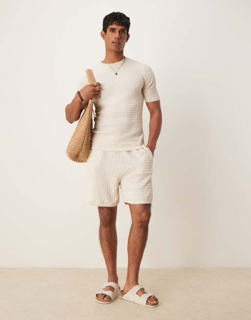ASOS DESIGN – Muskel-T-Shirt aus Strick mit Waffelstruktur in Creme, Kombiteil, 2 von 4