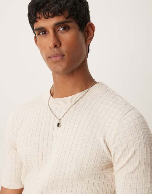 ASOS DESIGN – Muskel-T-Shirt aus Strick mit Waffelstruktur in Creme, Kombiteil, 3 von 4