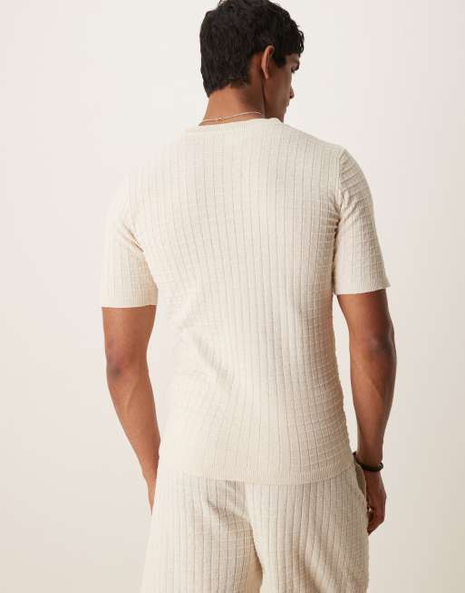 ASOS DESIGN – Muskel-T-Shirt aus Strick mit Waffelstruktur in Creme, Kombiteil, 4 von 4