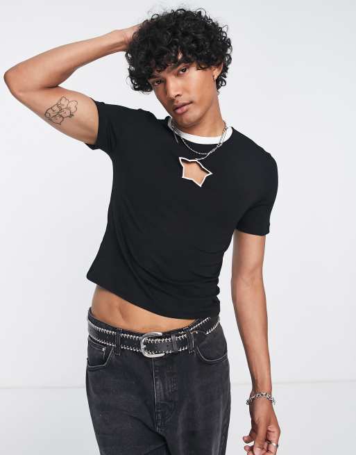 ASOS DESIGN – Muskel-T-Shirt in Schwarz mit sternförmigem Zierausschnitt 