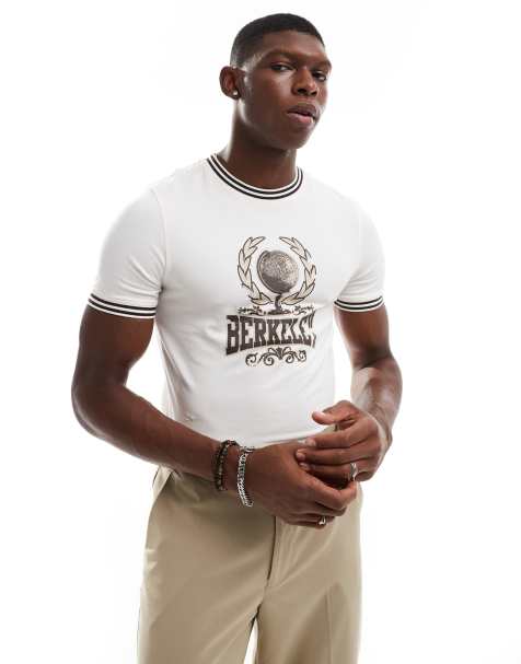 ASOS DESIGN – Muskel-T-Shirt in Wollweiß mit Campus-Print vorne - view 1