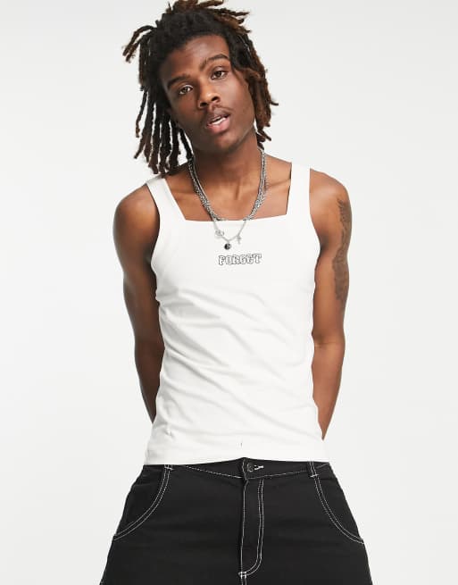 ASOS DESIGN – Muskel-Trägertop in Creme mit „Forget“-Stickerei auf der Brust
