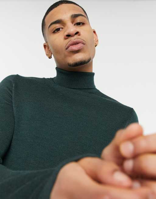 ASOS DESIGN – Muskelpullover aus Merinowolle mit Rollkragen in Tannengrün
