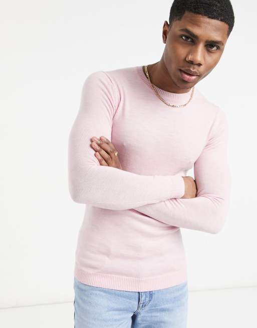 ASOS DESIGN – Muskelpullover aus Merinowolle mit Rundhalsausschnitt in Hellrosa