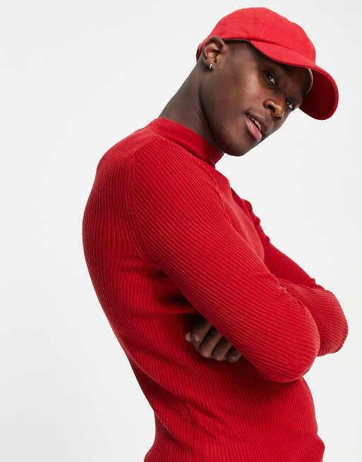 ASOS DESIGN – Muskelpullover aus Rippstrick mit Rollkragen in Rot