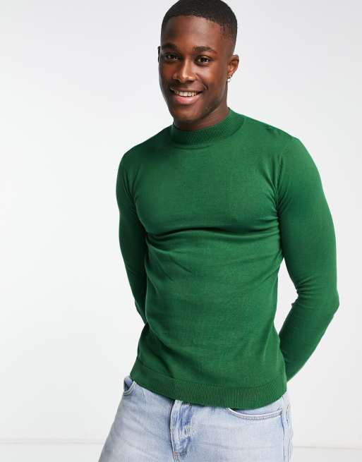 ASOS DESIGN – Muskelpullover aus Strick in Grün mit Rollkragen