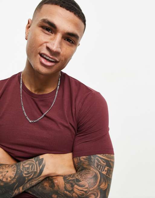 ASOS DESIGN – Muskelshirt aus Baumwollmix in Burgunderrot mit Rundhalsausschnitt - RED