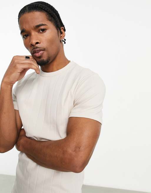ASOS DESIGN – Muskelshirt in Beige mit breiter Rippenstruktur