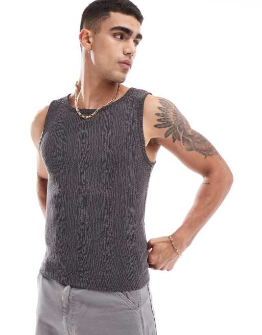 ASOS DESIGN – Muskelshirt in Grau aus strukturiertem Kreppstoff