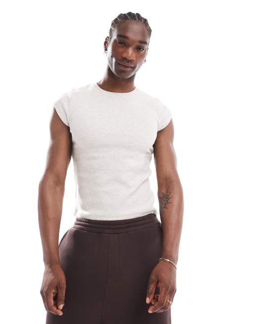 ASOS DESIGN – Muskelshirt in Haferbeige meliert mit kurzem Schnitt und Flügelärmeln