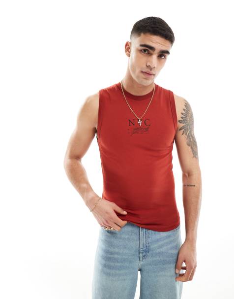 ASOS DESIGN – Muskelshirt in Rot mit Print auf der Brust - view 1
