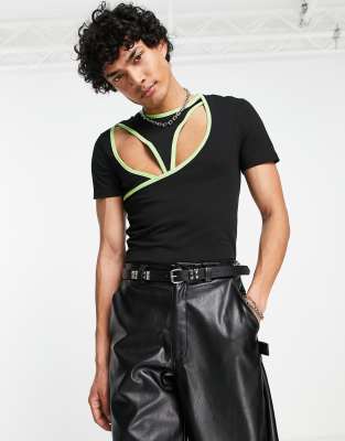 ASOS DESIGN – Muskelshirt in Schwarz mit Zierausschnitten an der Brust und limettengrüner Paspelierung