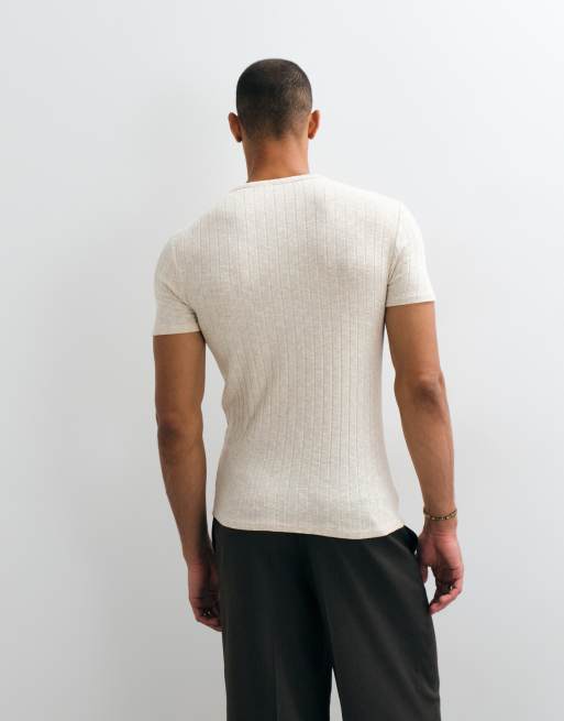 ASOS DESIGN Muskelshirt mit Henley-Ausschnitt in neutraler Leinenoptik, gerippt, 5 von 5