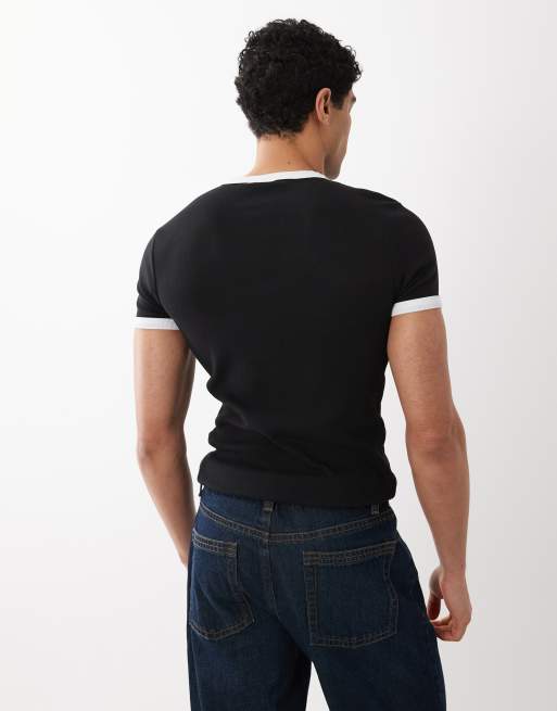 ASOS DESIGN Muskelshirt mit Henley-Ausschnitt und Kontrastdetails in schwarzem Ripp, 5 von 5