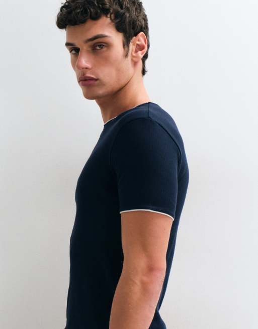ASOS DESIGN Muskelshirt mit Kontrastdetails in marineblauem Rippstoff, 3 von 5