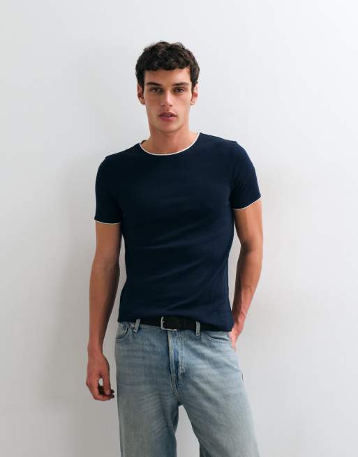 ASOS DESIGN Muskelshirt mit Kontrastdetails in marineblauem Rippstoff, 4 von 5