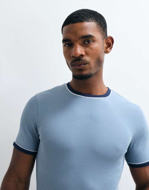 ASOS DESIGN Muskelshirt mit Kontrastpaspelierung in Blau, gerippt, 3 von 5