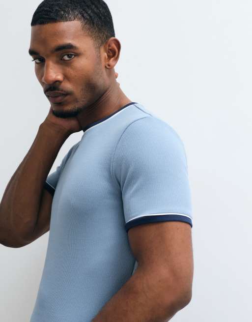 ASOS DESIGN Muskelshirt mit Kontrastpaspelierung in Blau, gerippt, 5 von 5