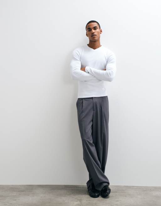 ASOS DESIGN Muskelshirt mit langem Ärmel, hohem V-Ausschnitt und Rippstruktur in Weiß, 2 von 8