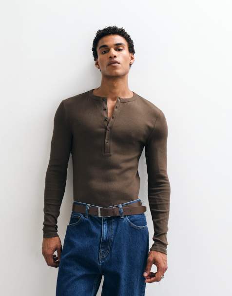 ASOS DESIGN Muskelshirt mit langen Ärmeln, Henley-T-Shirt in braunem Rippstrick - view 1
