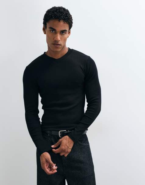 ASOS DESIGN Muskelshirt mit langen Ärmeln, hohem V-Ausschnitt, in Schwarz, gerippt - view 1