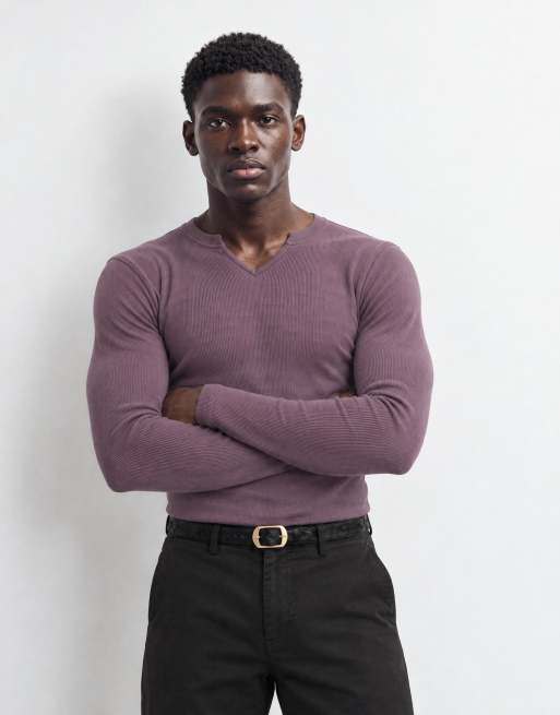ASOS DESIGN Muskelshirt mit langen Ärmeln und V-Ausschnitt in Lila, gerippt, 7 von 9